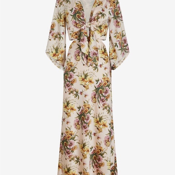 Express Satin Floral V-Neck Tie Front Cutout Midi Dress - Picture 2 of 9